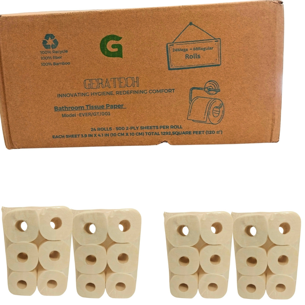 Geratech Brand Mega Roll Toilet Paper, 2-Ply, White, 24 Rolls Equals 88 Rolls (500 Sheets/Roll, 24 Rolls/Case, 12000 Sheets/Case Size per Sheet 10 x10 cm Total 1292 Square feet)