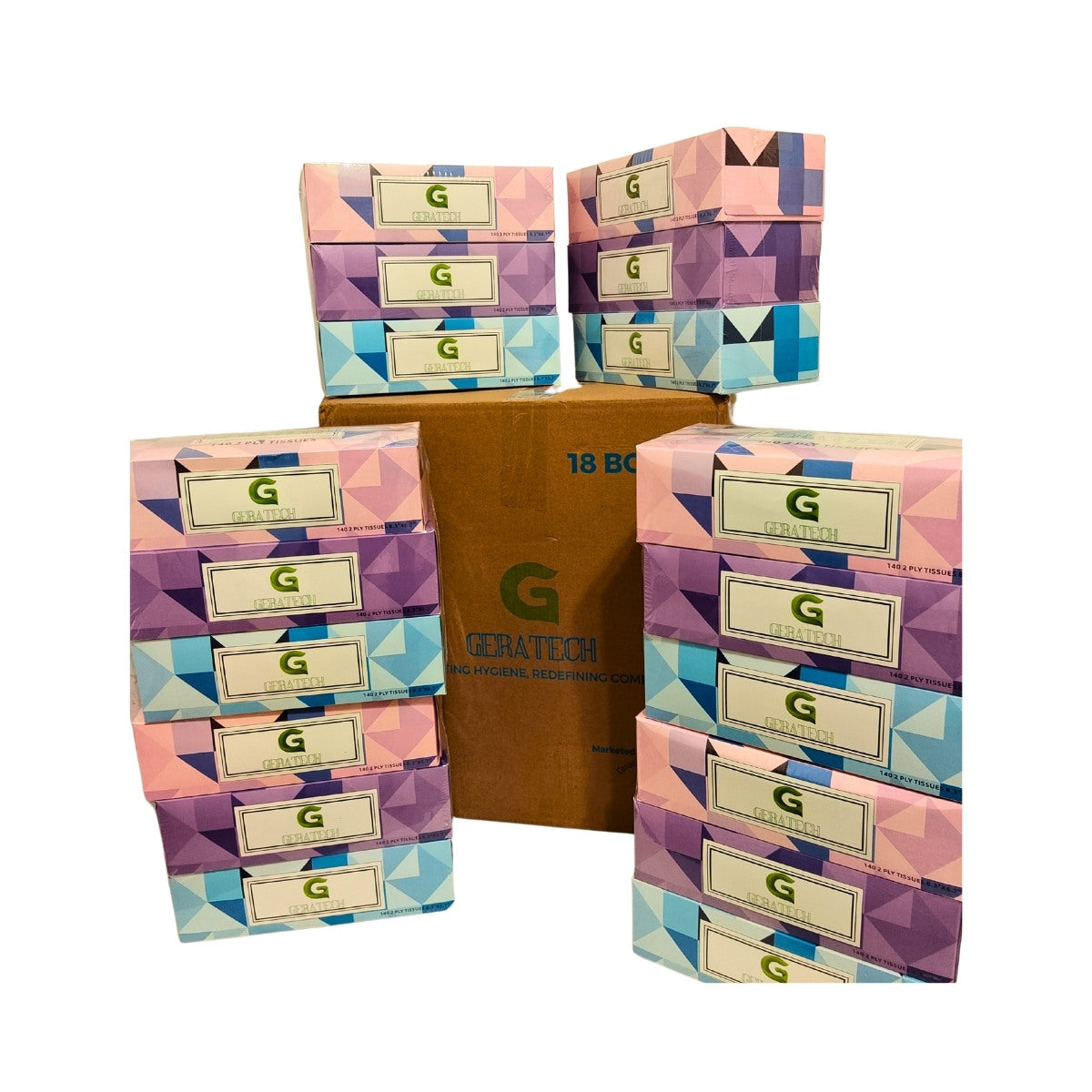 Geratech Brand Facial Tissues 140 Per Box 2 Ply, Great for Bathroom, Office, Store, School,Home, Kitchen, Or in Your Car & in Every Room (Family Pack of 18 Boxes, 2520 Tissues Total)
