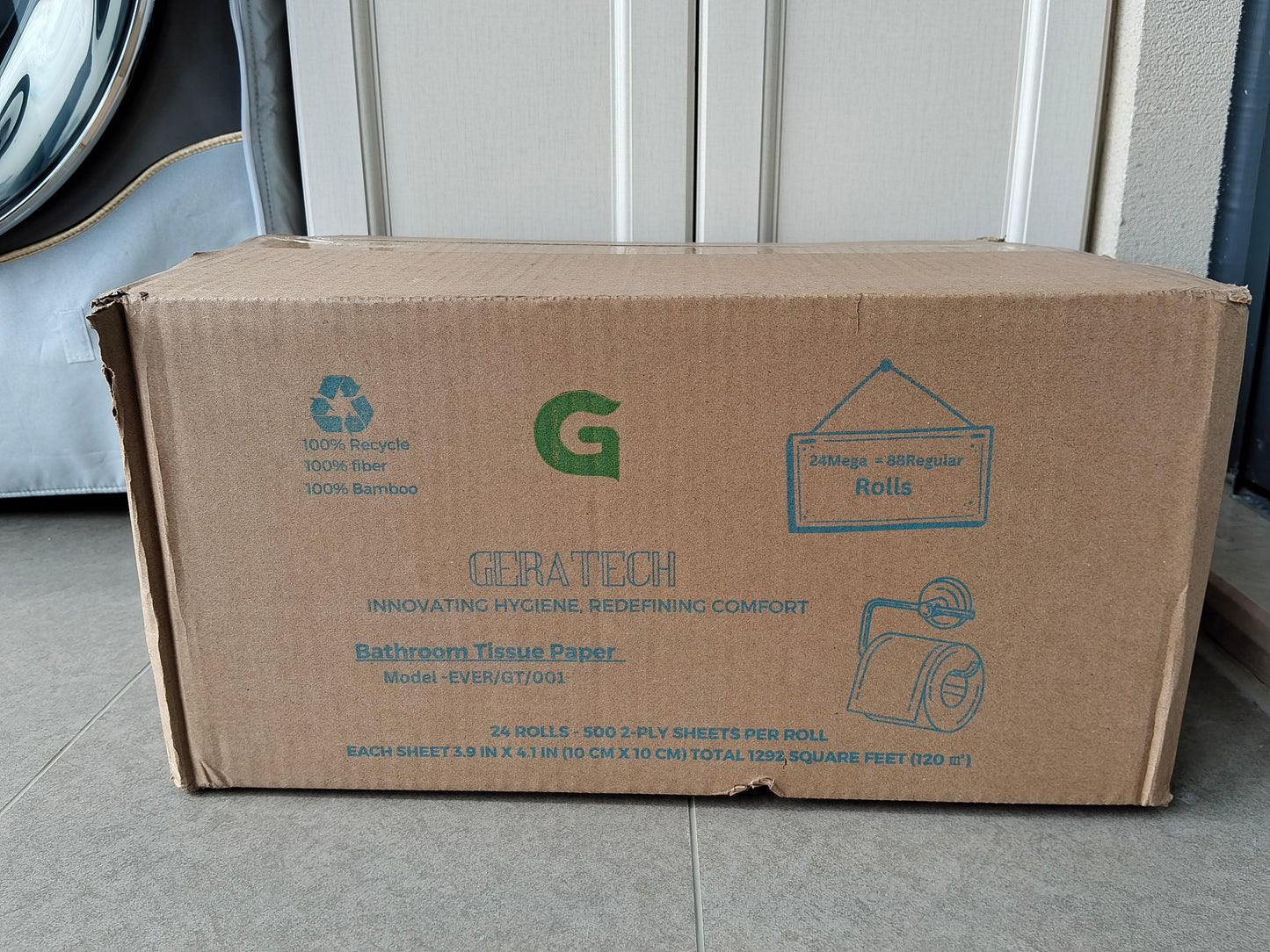Geratech Brand Mega Roll Toilet Paper, 2-Ply, White, 24 Rolls Equals 88 Rolls (500 Sheets/Roll, 24 Rolls/Case, 12000 Sheets/Case Size per Sheet 10 x10 cm Total 1292 Square feet)