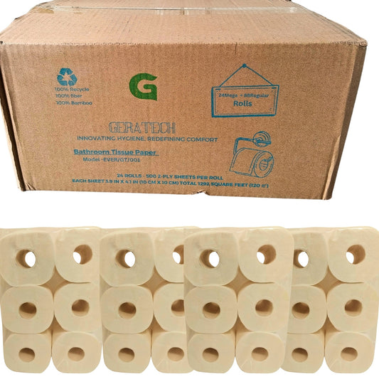 Geratech Brand Mega Roll Toilet Paper, 2-Ply, White, 24 Rolls Equals 88 Rolls (500 Sheets/Roll, 24 Rolls/Case, 12000 Sheets/Case Size per Sheet 10 x10 cm Total 1292 Square feet)