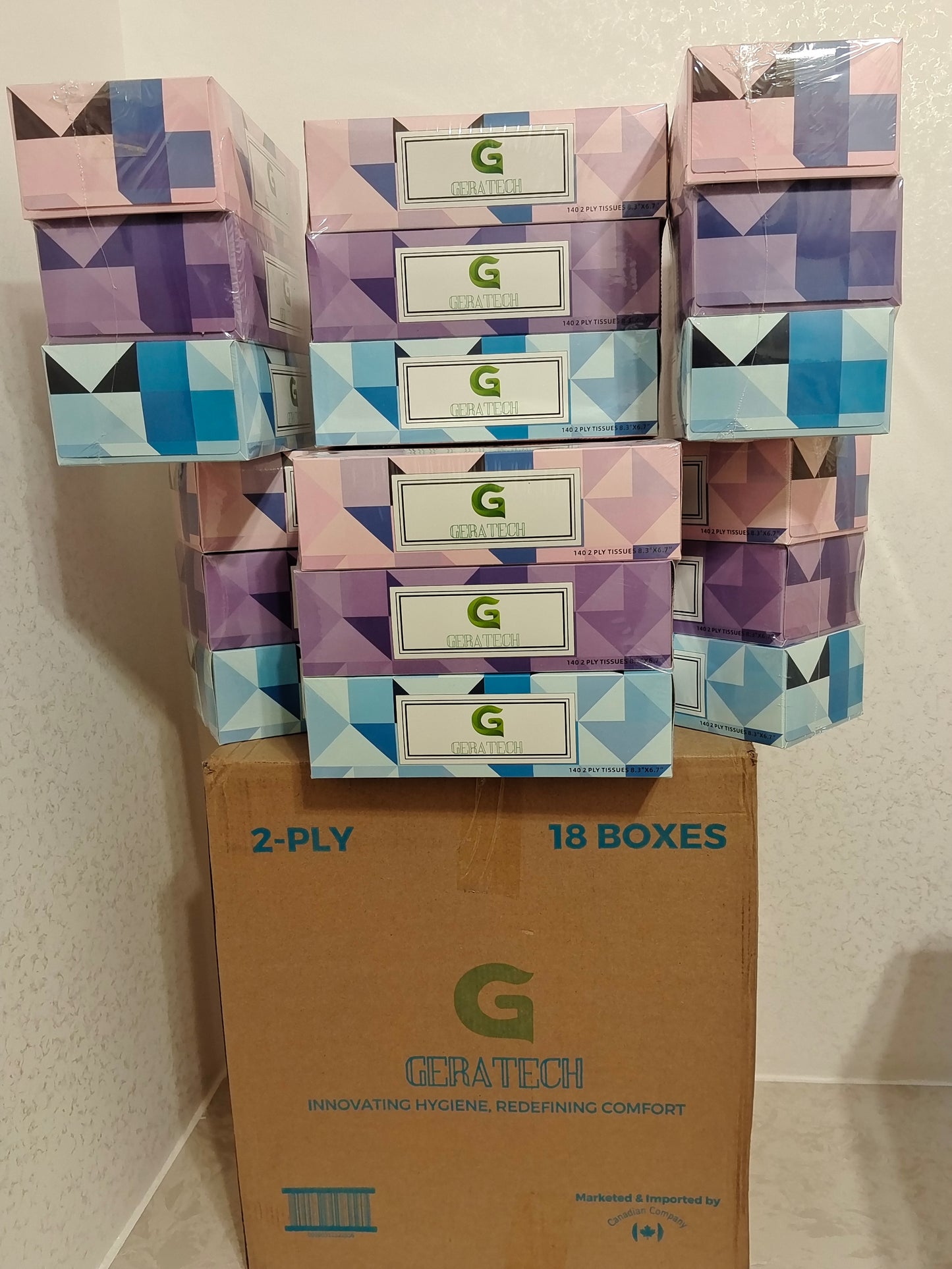 Geratech Brand Facial Tissues 140 Per Box 2 Ply, Great for Bathroom, Office, Store, School,Home, Kitchen, Or in Your Car & in Every Room (Family Pack of 18 Boxes, 2520 Tissues Total)