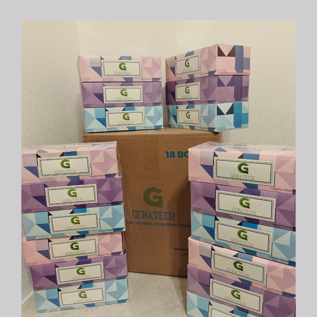 Geratech Brand Facial Tissues 140 Per Box 2 Ply, Great for Bathroom, Office, Store, School,Home, Kitchen, Or in Your Car & in Every Room (Family Pack of 18 Boxes, 2520 Tissues Total)